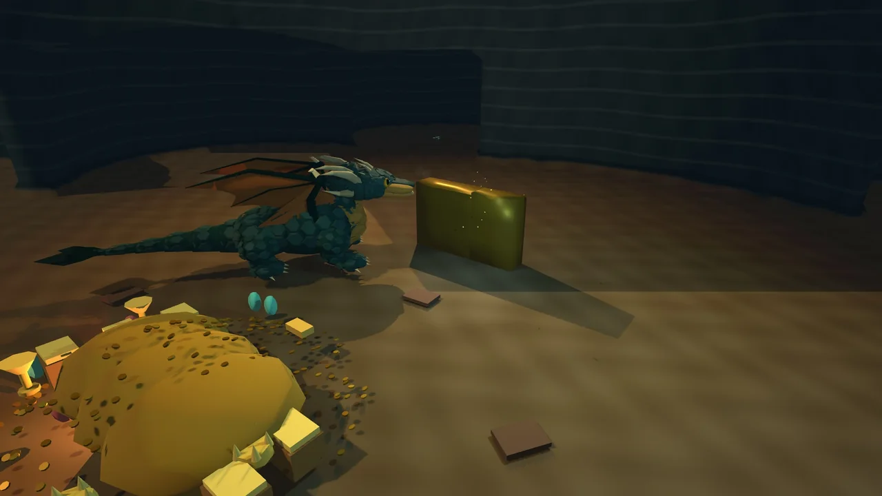 A dragon beside its gold pile and a wall forged from treasure inside the cave.
