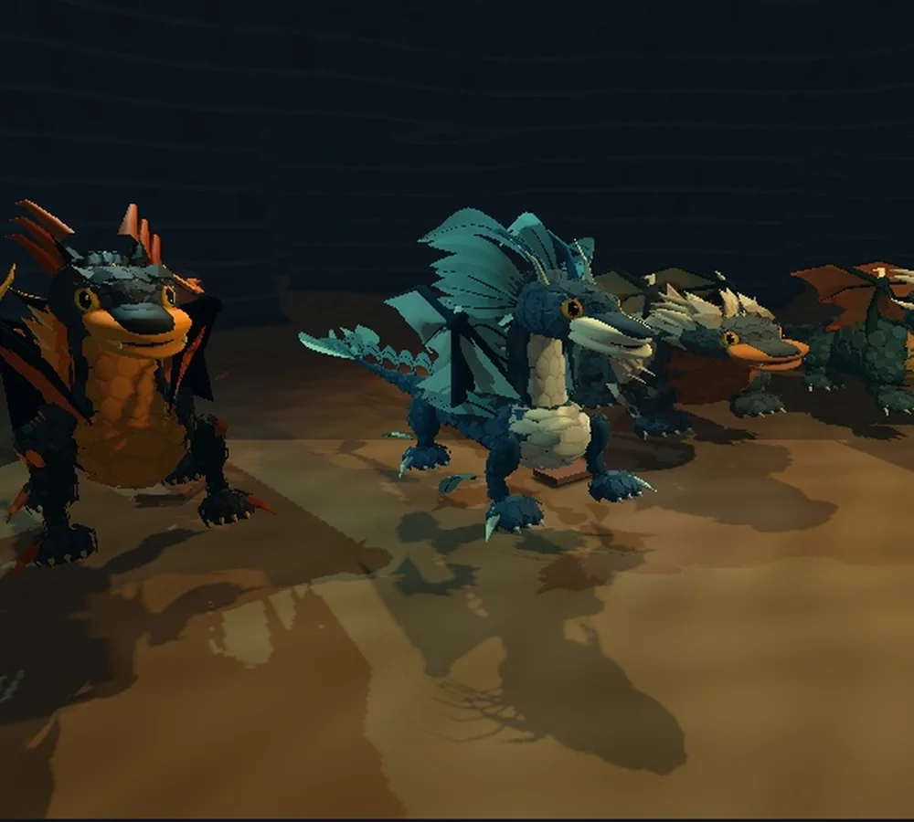 Different dragon companions sharing a warmly lit rocky lair.